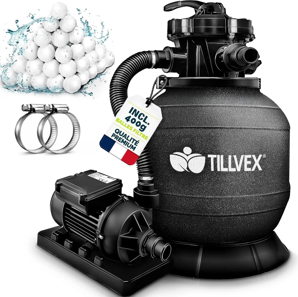 tillvex système de filtration pour piscine 400g, capacité 7,900 L, coloris noir