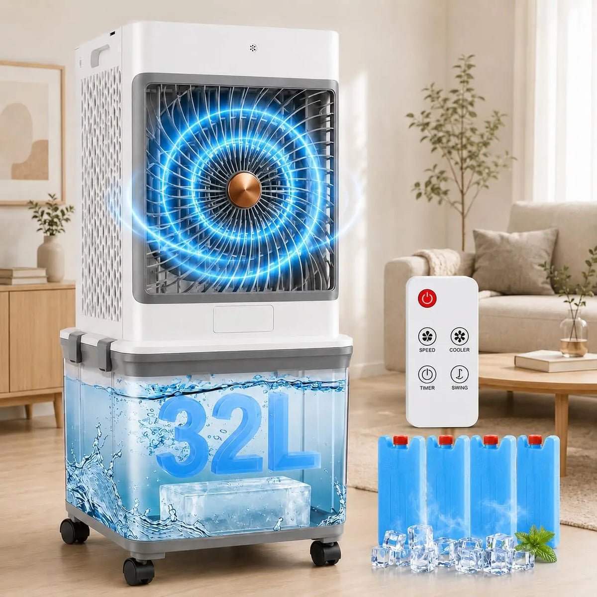 climatiseur mobile 4-en-1, capacité 32 L, format compact, avec télécommande, avec minuterie