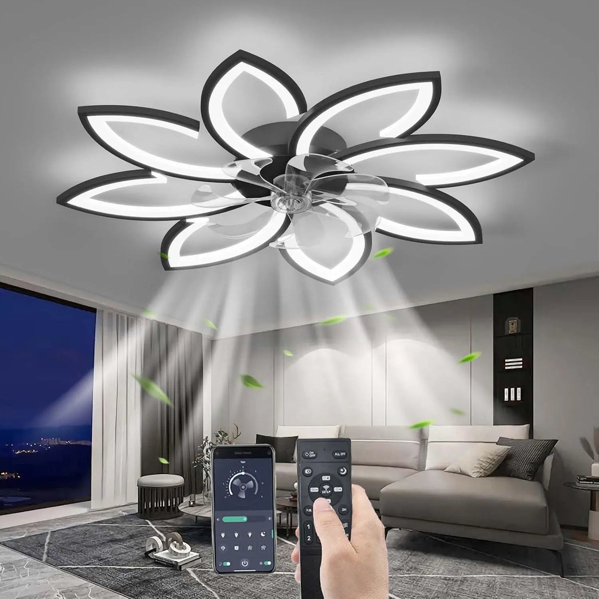 YUNZI ventilateur de plafond 90CM, avec télécommande, réglage adaptable, coloris noir